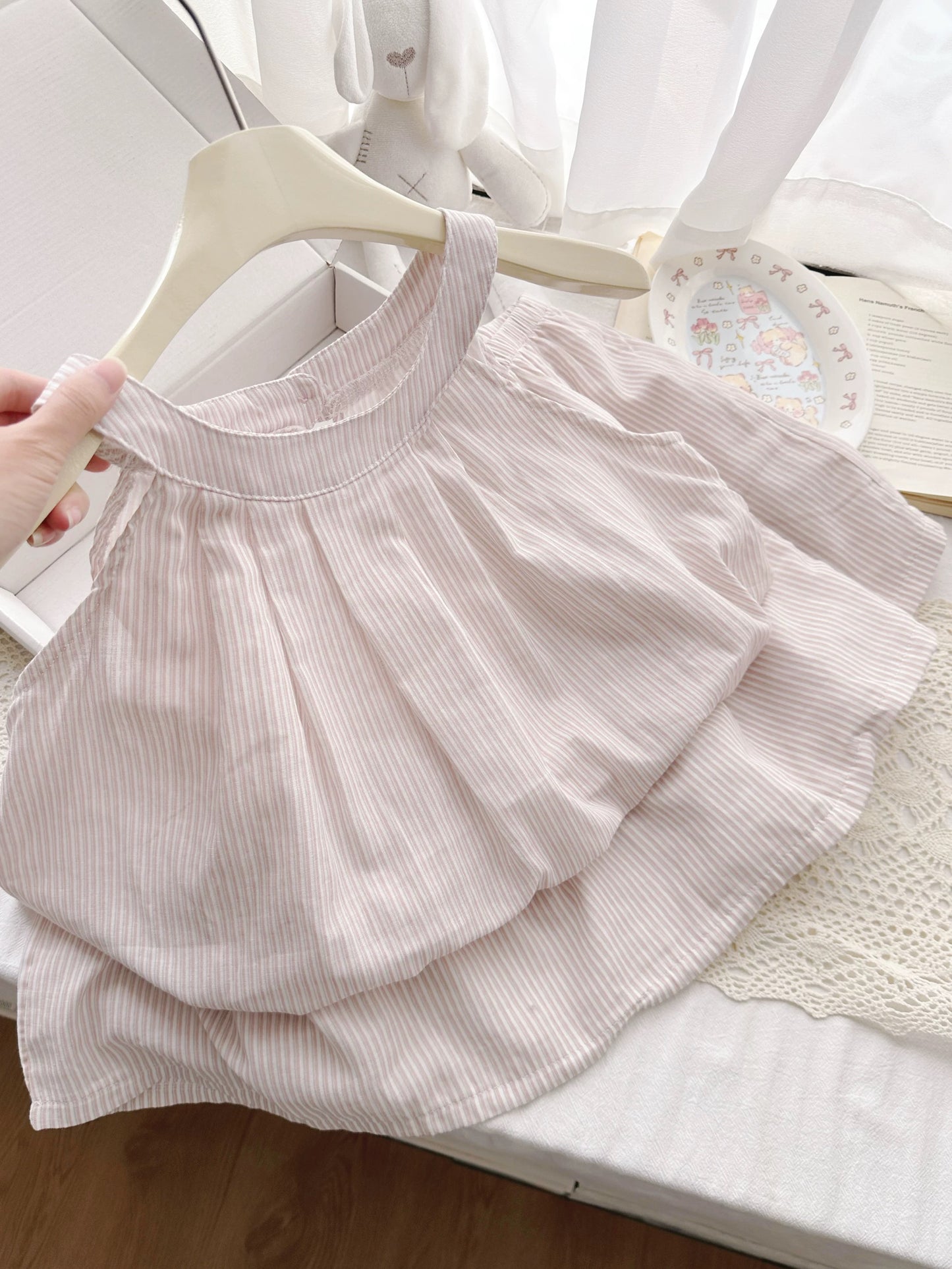 Pink Stripe Cotton Halter Neck Pajama Set – Flowy Top & Shorts Lounge Wear