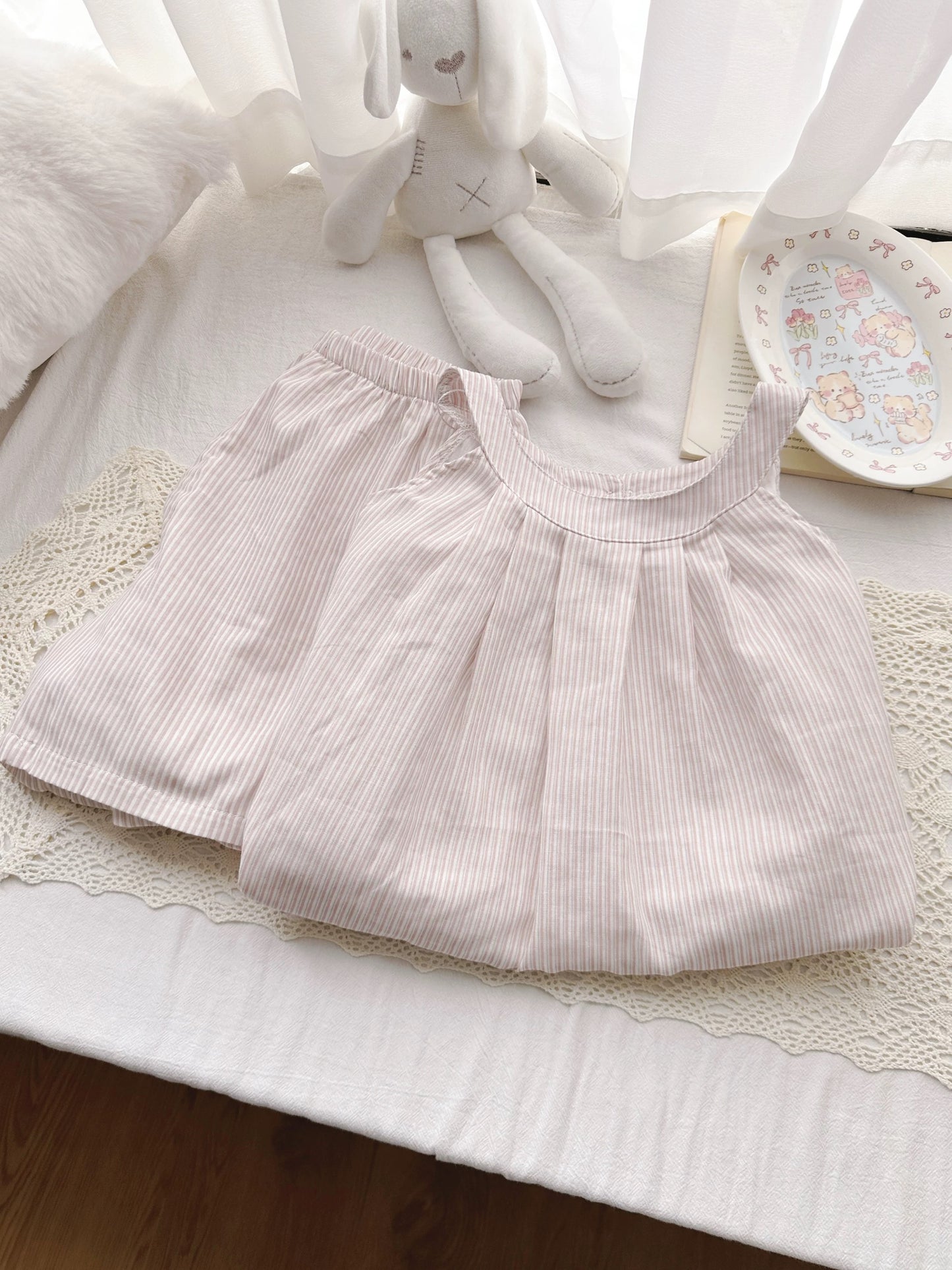 Pink Stripe Cotton Halter Neck Pajama Set – Flowy Top & Shorts Lounge Wear