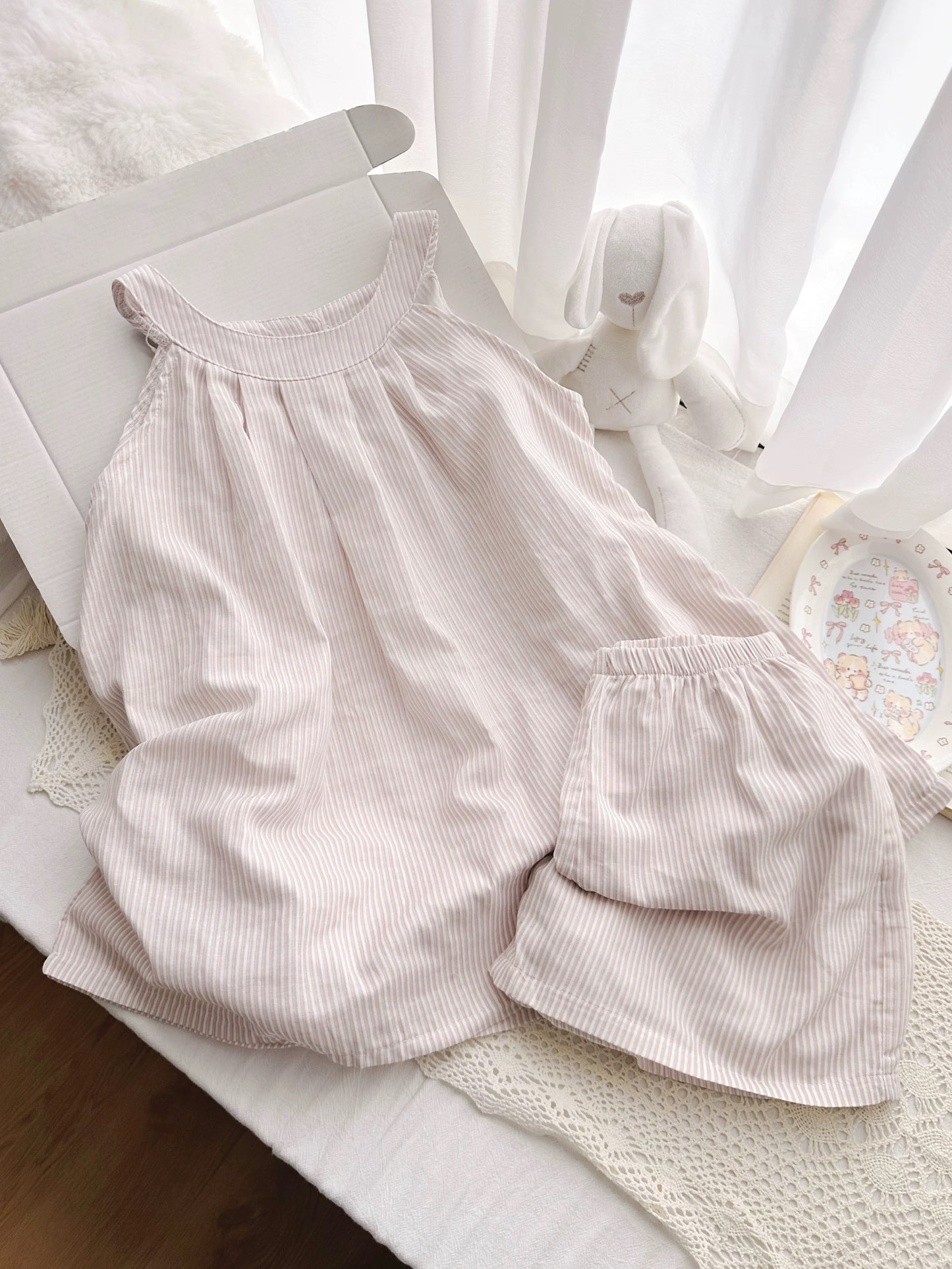 Pink Stripe Cotton Halter Neck Pajama Set – Flowy Top & Shorts Lounge Wear