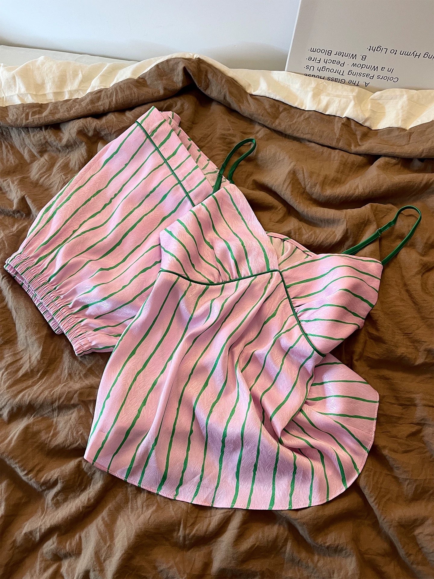 French Style Wavy Stripe Satin Cami Pajama Set – Pink & Green Sleepwear with Contrast Trim