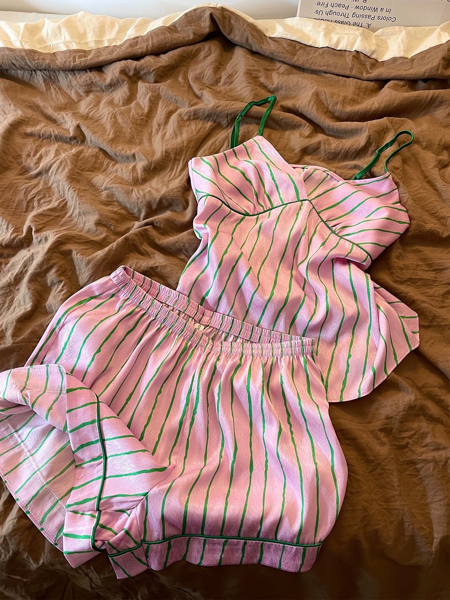 French Style Wavy Stripe Satin Cami Pajama Set – Pink & Green Sleepwear with Contrast Trim