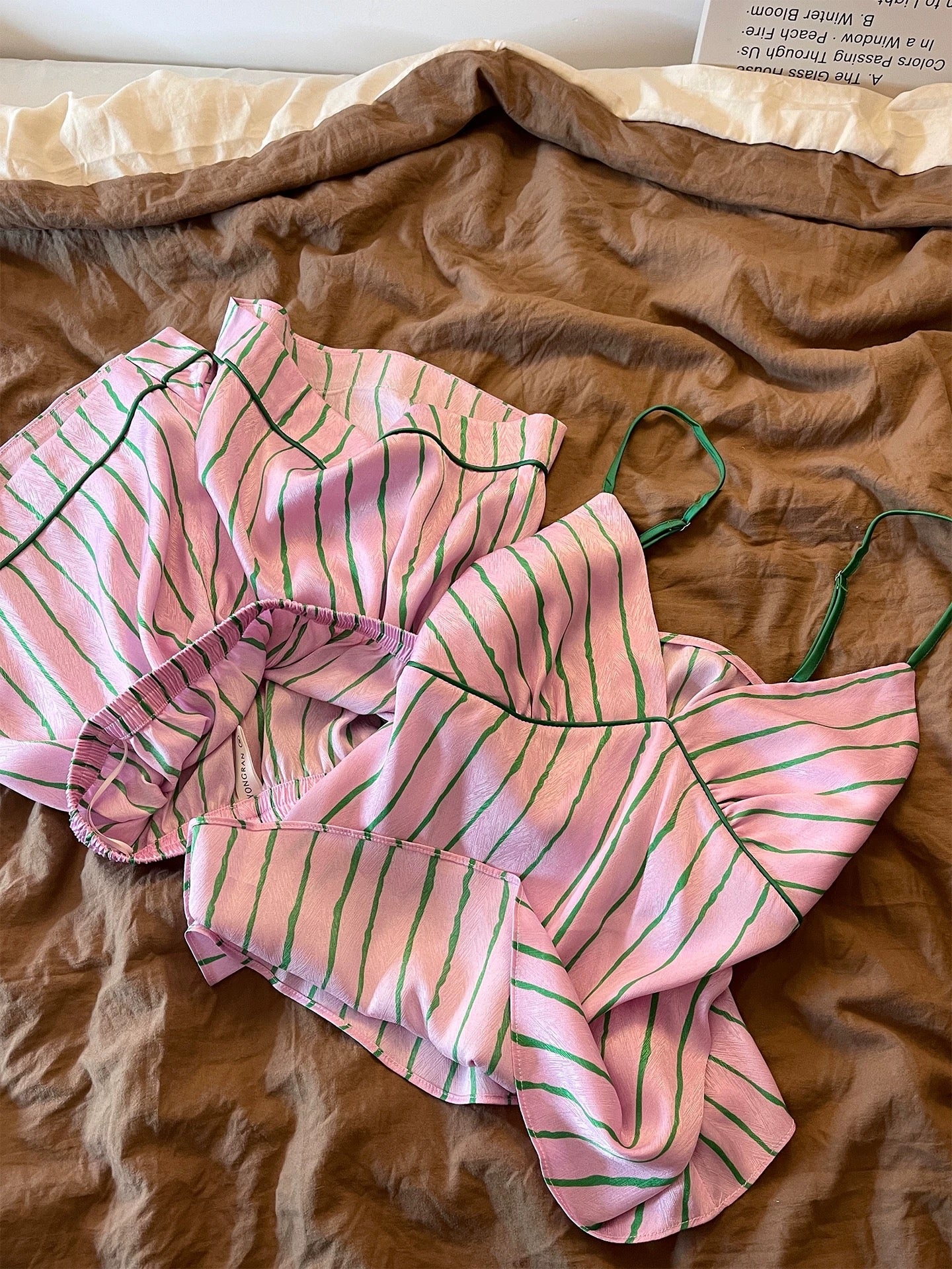 French Style Wavy Stripe Satin Cami Pajama Set – Pink & Green Sleepwear with Contrast Trim