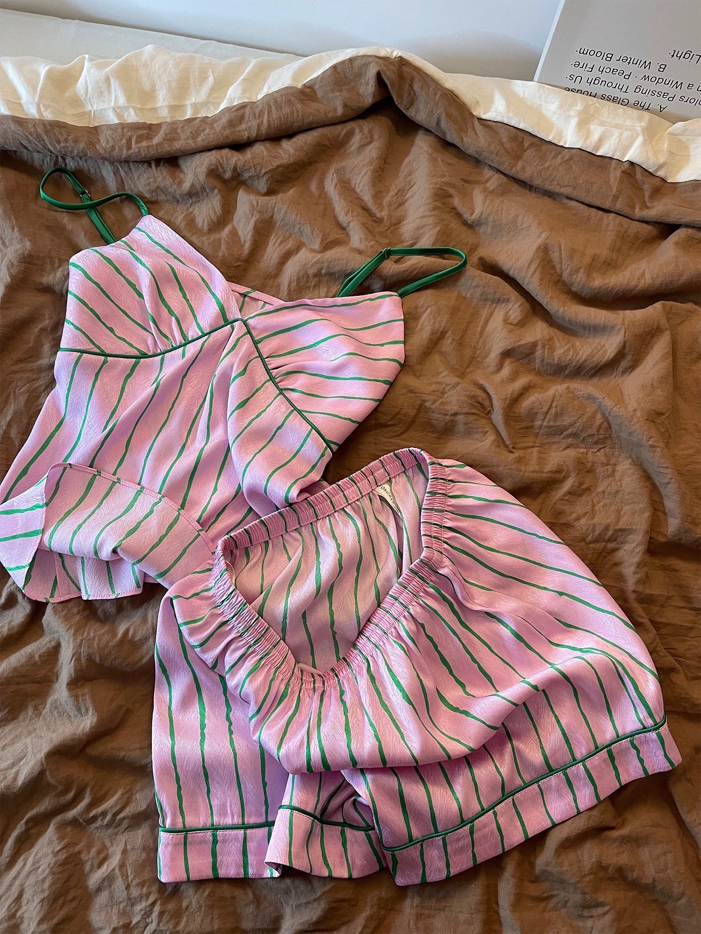 French Style Wavy Stripe Satin Cami Pajama Set – Pink & Green Sleepwear with Contrast Trim