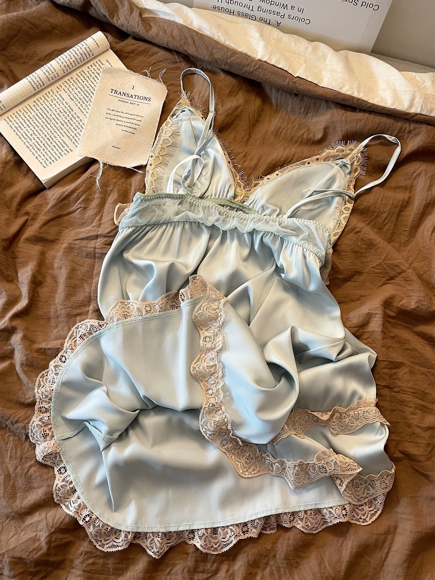 Ice Blue Satin Lace Trim Babydoll Nightgown – Built-in Removable Chest Pad
