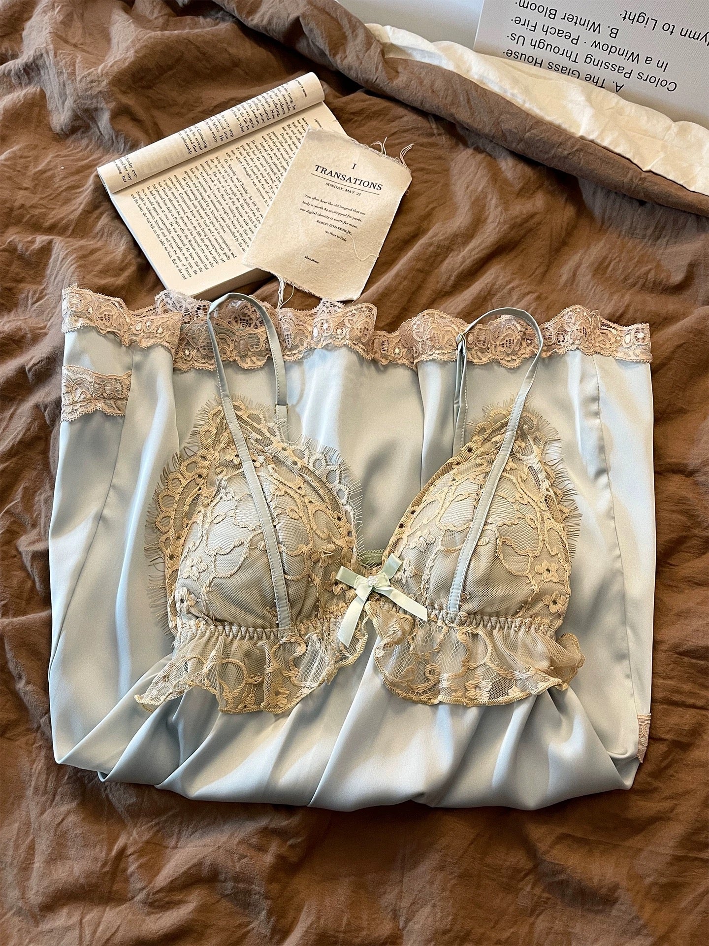 Ice Blue Satin Lace Trim Babydoll Nightgown – Built-in Removable Chest Pad