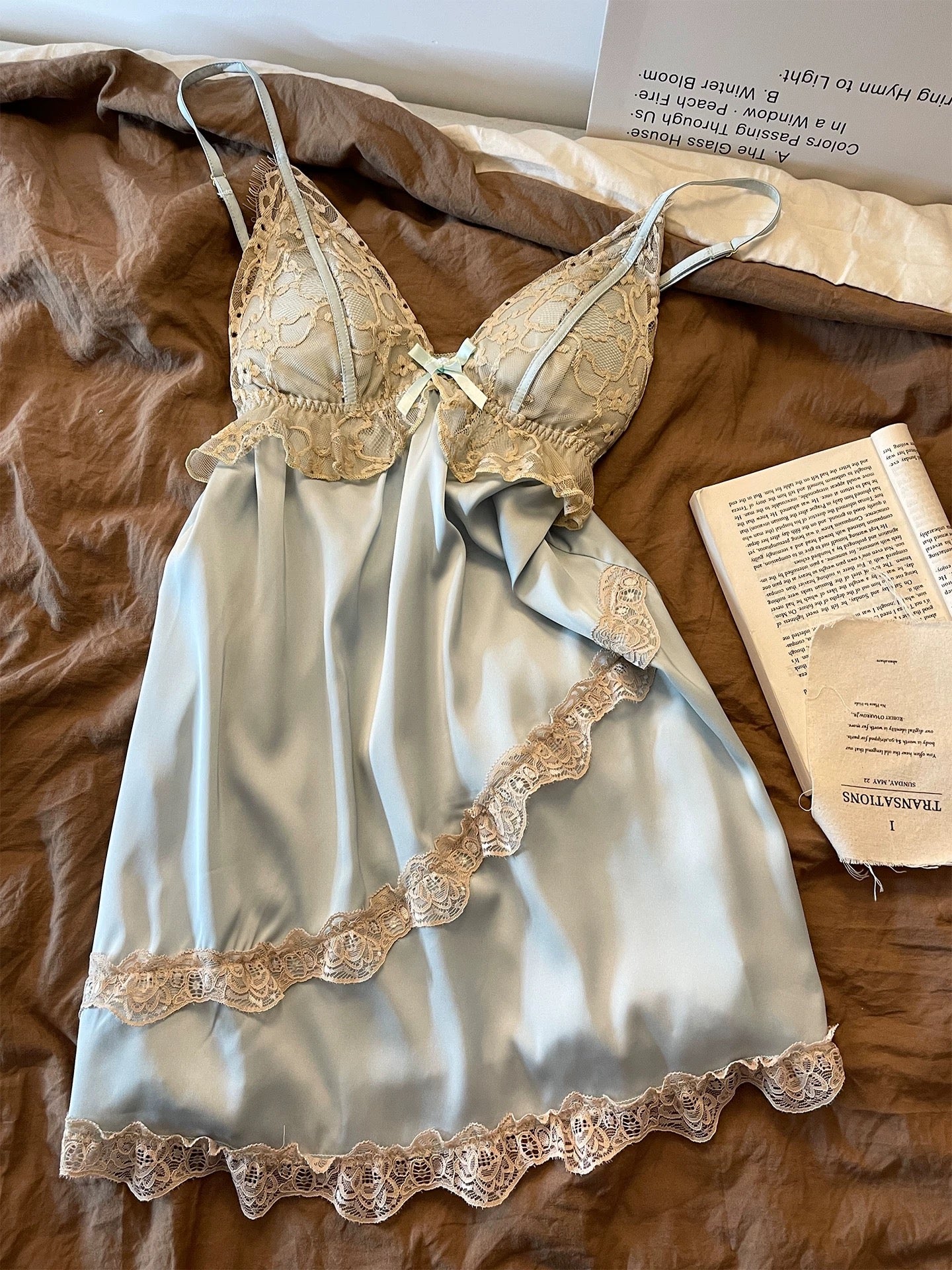 Ice Blue Satin Lace Trim Babydoll Nightgown – Built-in Removable Chest Pad