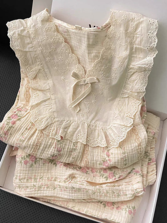 Vintage Floral Stripe Muslin Cotton Pajama Set – Eyelet Lace Collar Long Sleeve Top & Pants