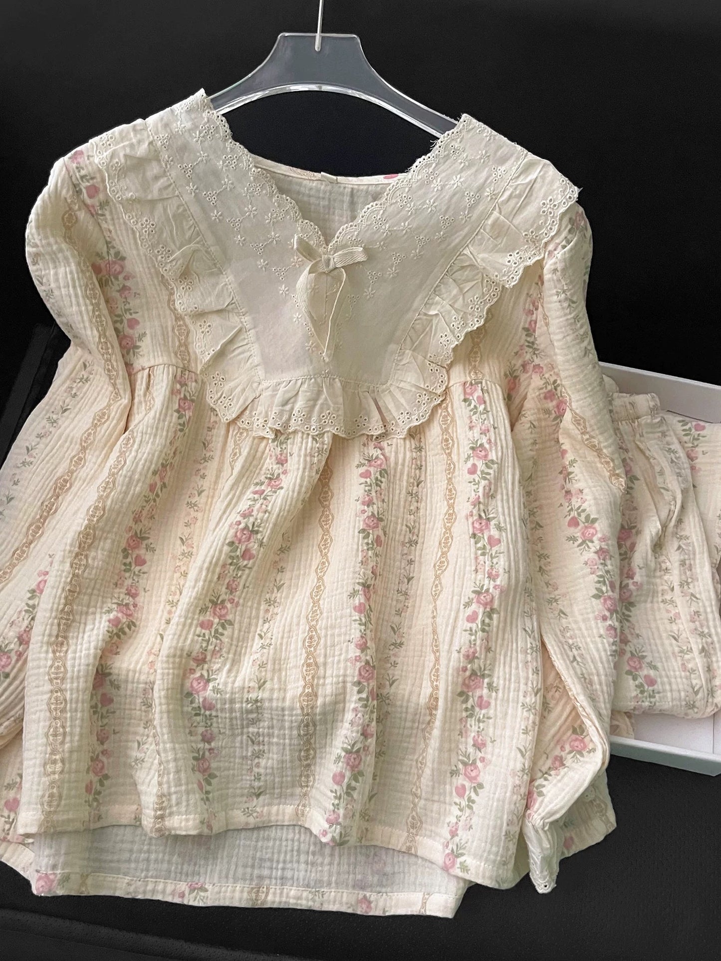 Vintage Floral Stripe Muslin Cotton Pajama Set – Eyelet Lace Collar Long Sleeve Top & Pants