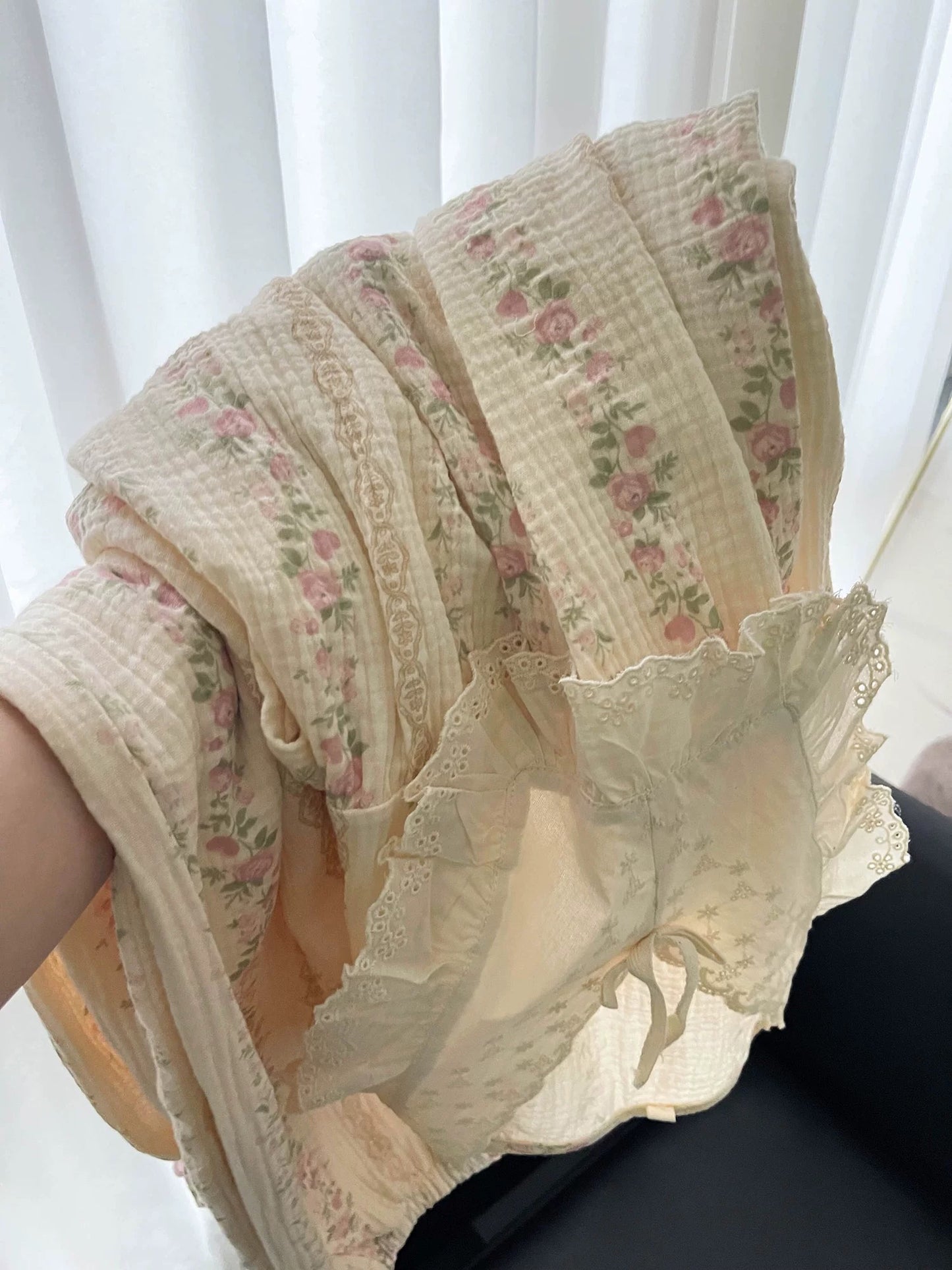 Vintage Floral Stripe Muslin Cotton Pajama Set – Eyelet Lace Collar Long Sleeve Top & Pants