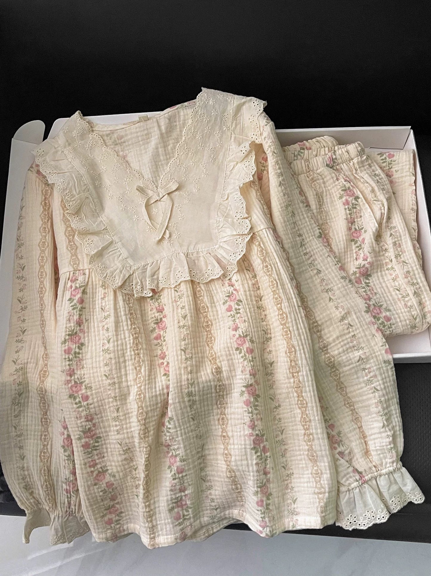 Vintage Floral Stripe Muslin Cotton Pajama Set – Eyelet Lace Collar Long Sleeve Top & Pants