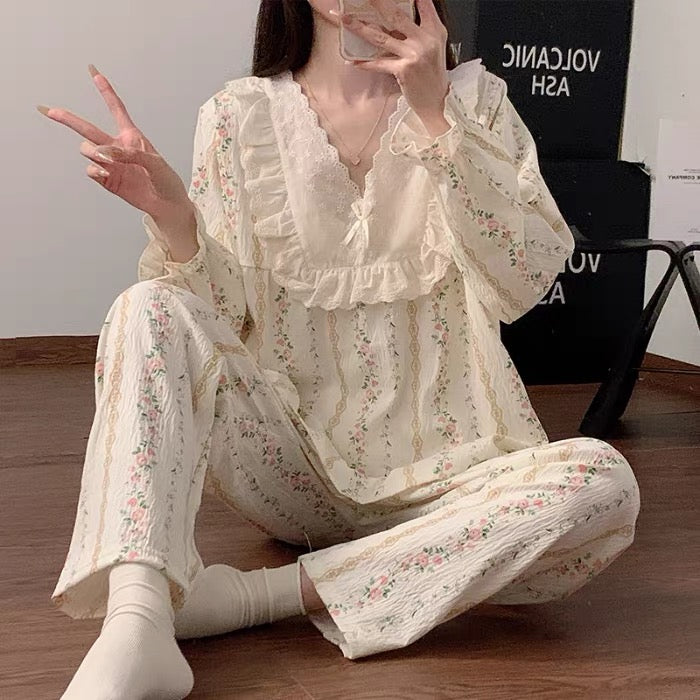 Vintage Floral Stripe Muslin Cotton Pajama Set – Eyelet Lace Collar Long Sleeve Top & Pants