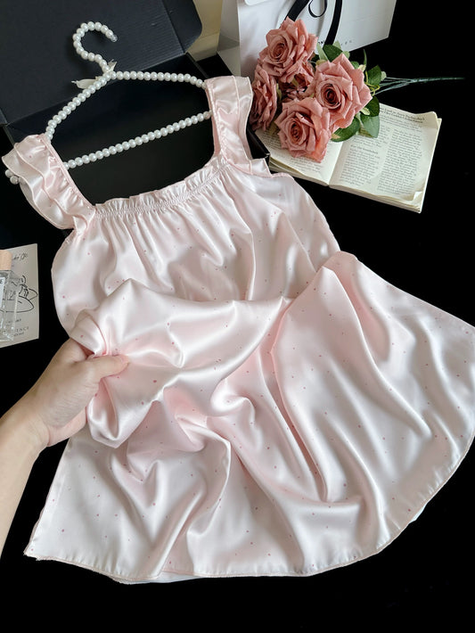 Polka Dot Satin Ruffle Sleeve Nightgown – Lace Hem Sleep Dress in Blush Pink