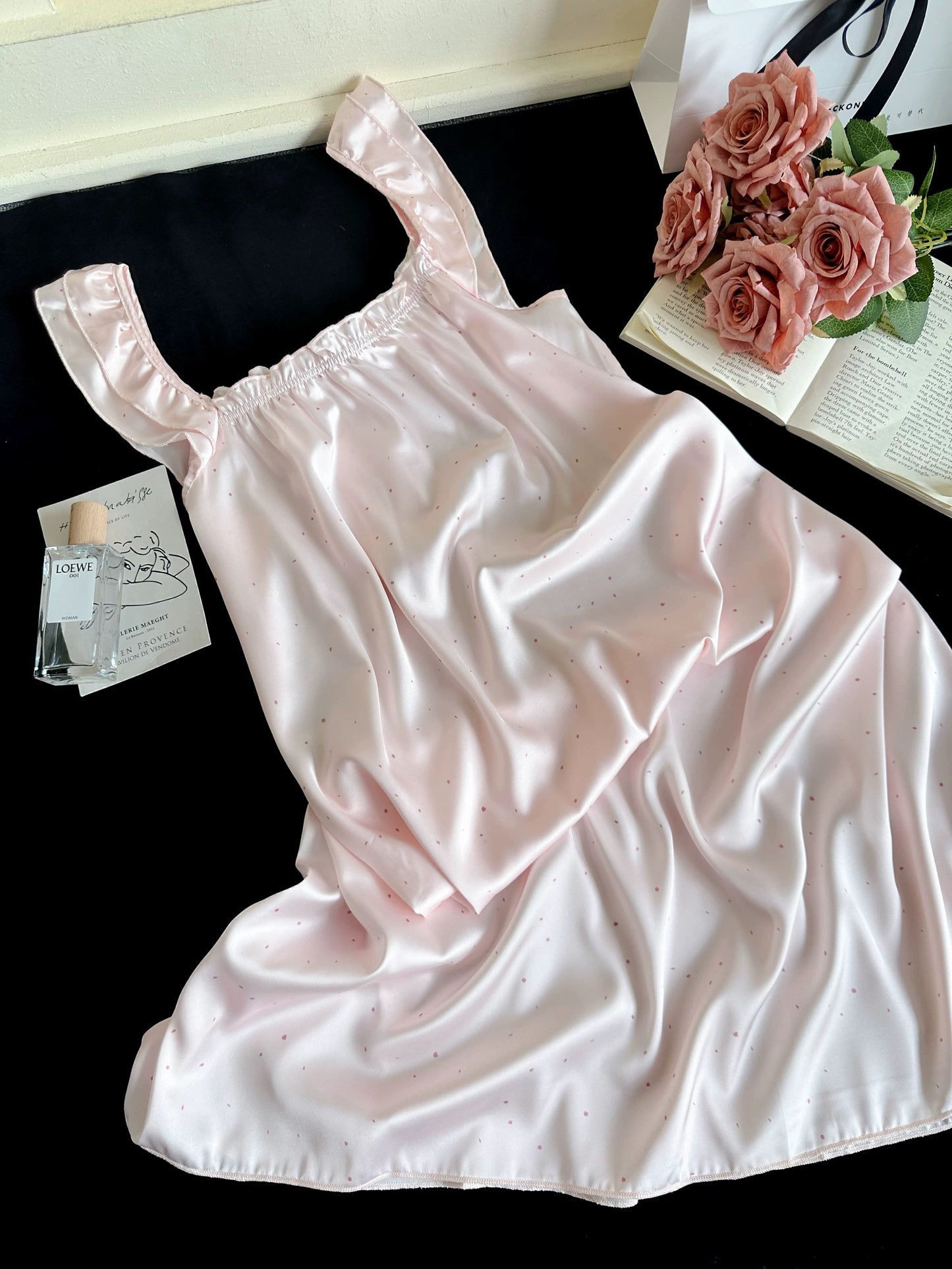 Polka Dot Satin Ruffle Sleeve Nightgown – Lace Hem Sleep Dress in Blush Pink