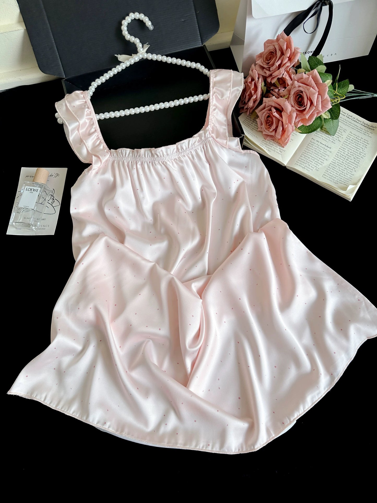 Polka Dot Satin Ruffle Sleeve Nightgown – Lace Hem Sleep Dress in Blush Pink