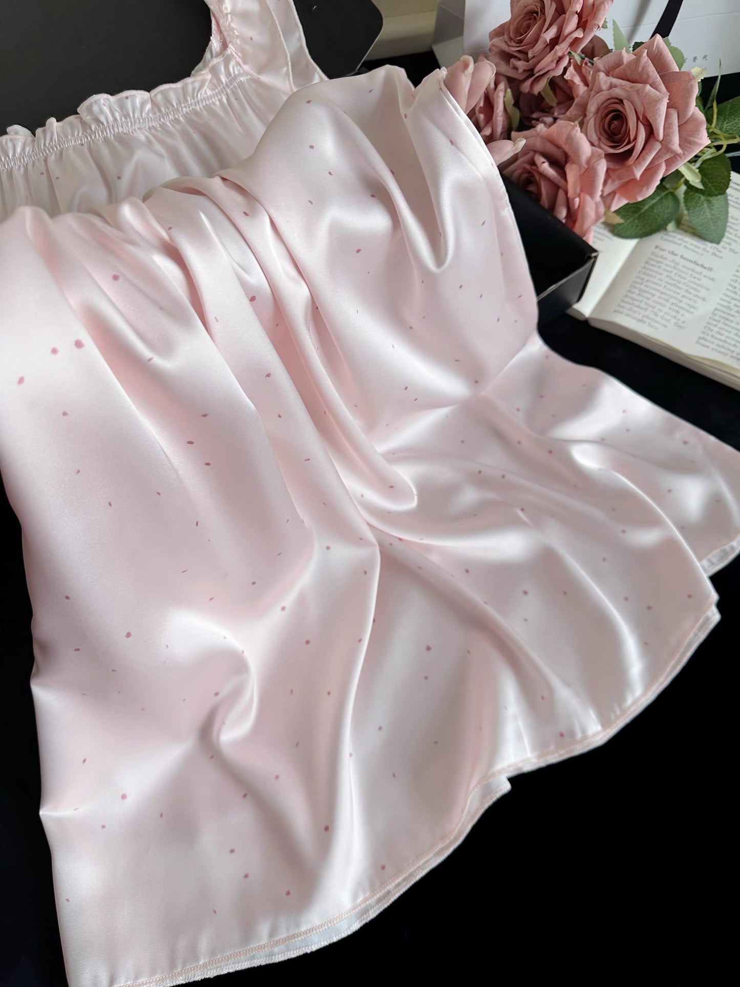 Polka Dot Satin Ruffle Sleeve Nightgown – Lace Hem Sleep Dress in Blush Pink