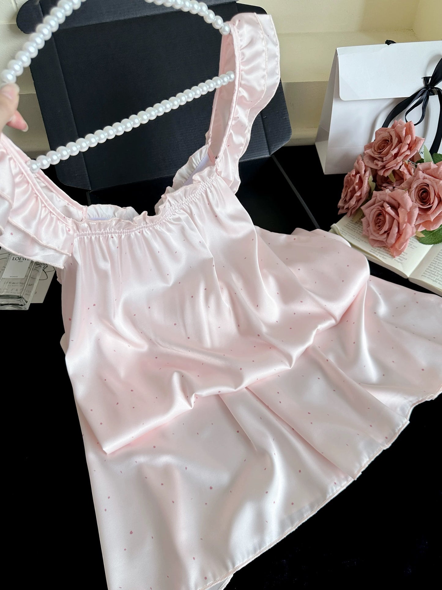 Polka Dot Satin Ruffle Sleeve Nightgown – Lace Hem Sleep Dress in Blush Pink