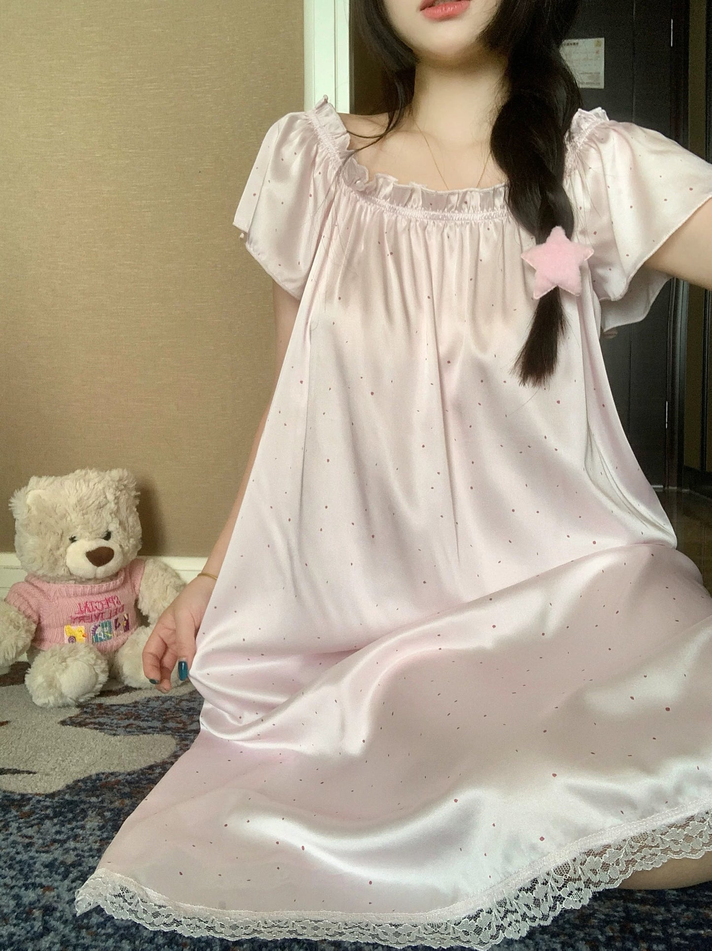 Polka Dot Satin Ruffle Sleeve Nightgown – Lace Hem Sleep Dress in Blush Pink