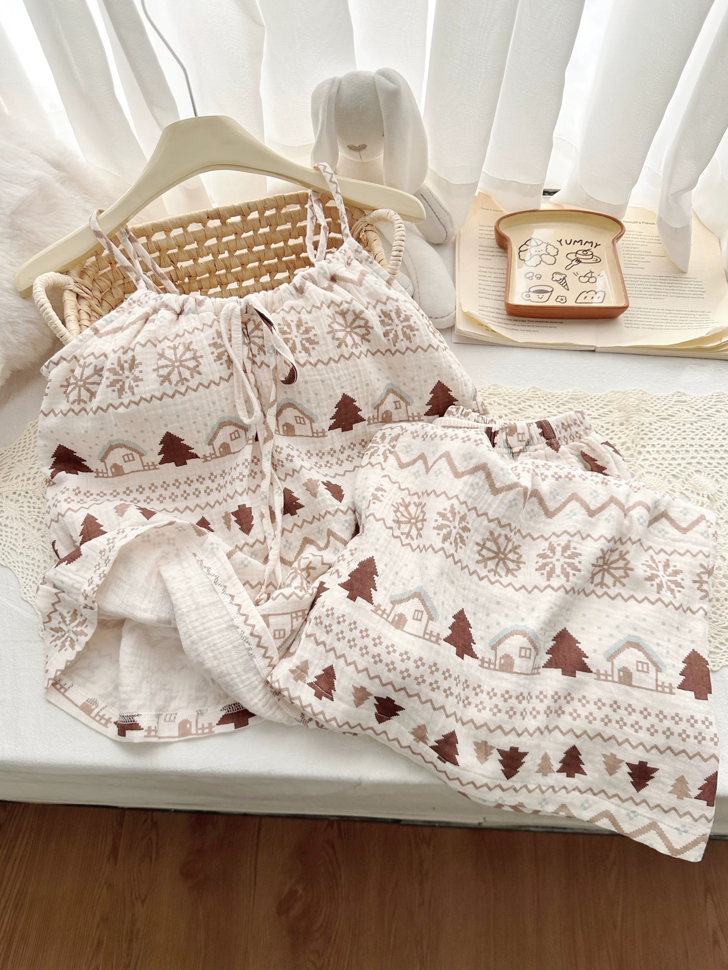 Fair Isle Christmas Print Muslin Cotton Pajama Set – Cami Top & Wide-Leg Pants in Cream