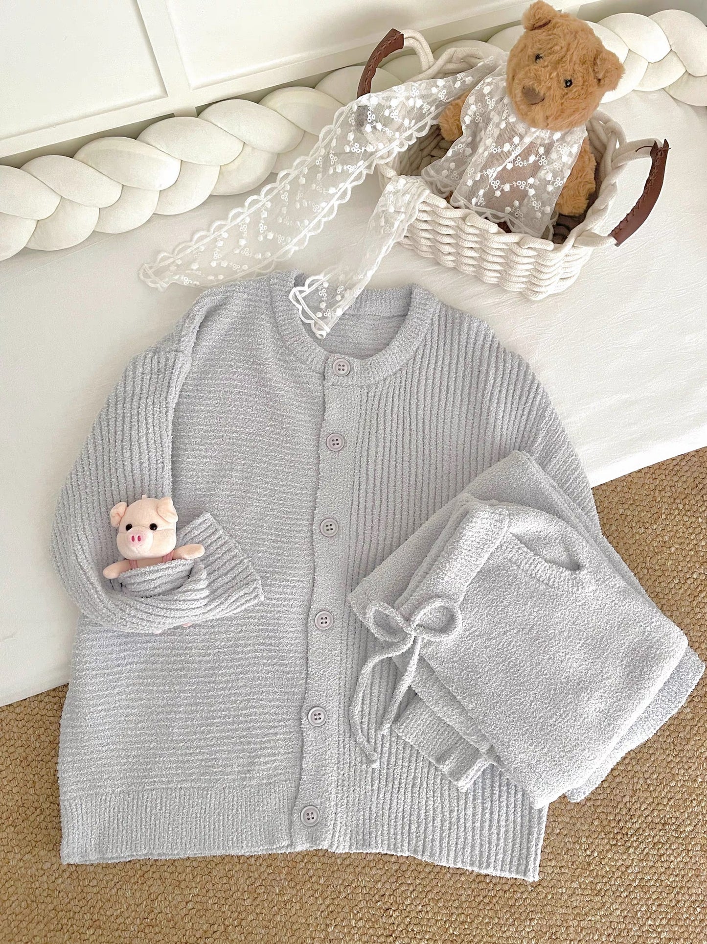 Soft Ribbed Flannel Knit Pajama Set – Button Cardigan Top & Wide-Leg Pants in Light Grey