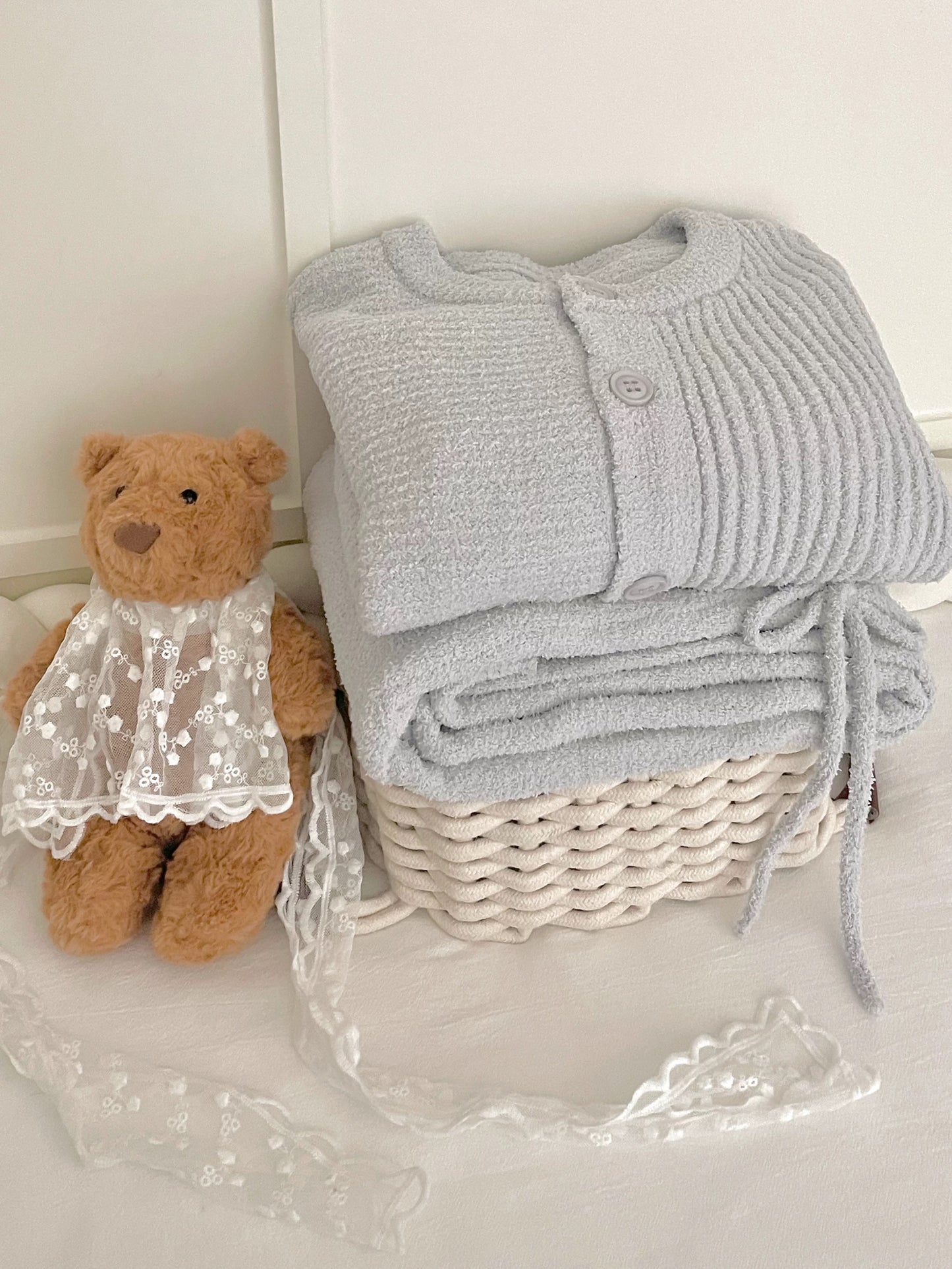 Soft Ribbed Flannel Knit Pajama Set – Button Cardigan Top & Wide-Leg Pants in Light Grey
