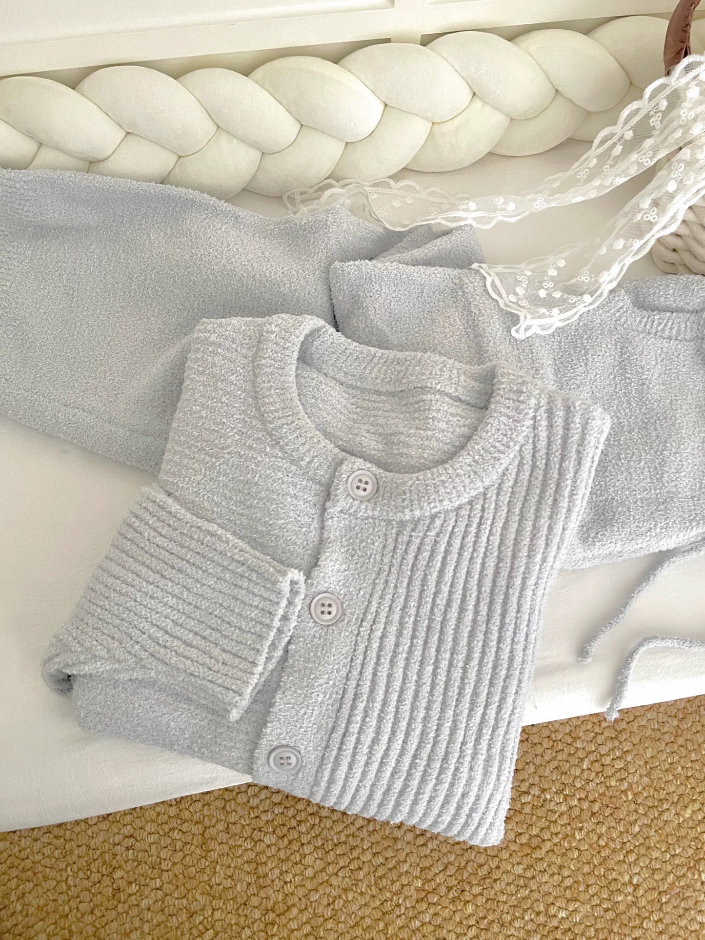 Soft Ribbed Flannel Knit Pajama Set – Button Cardigan Top & Wide-Leg Pants in Light Grey