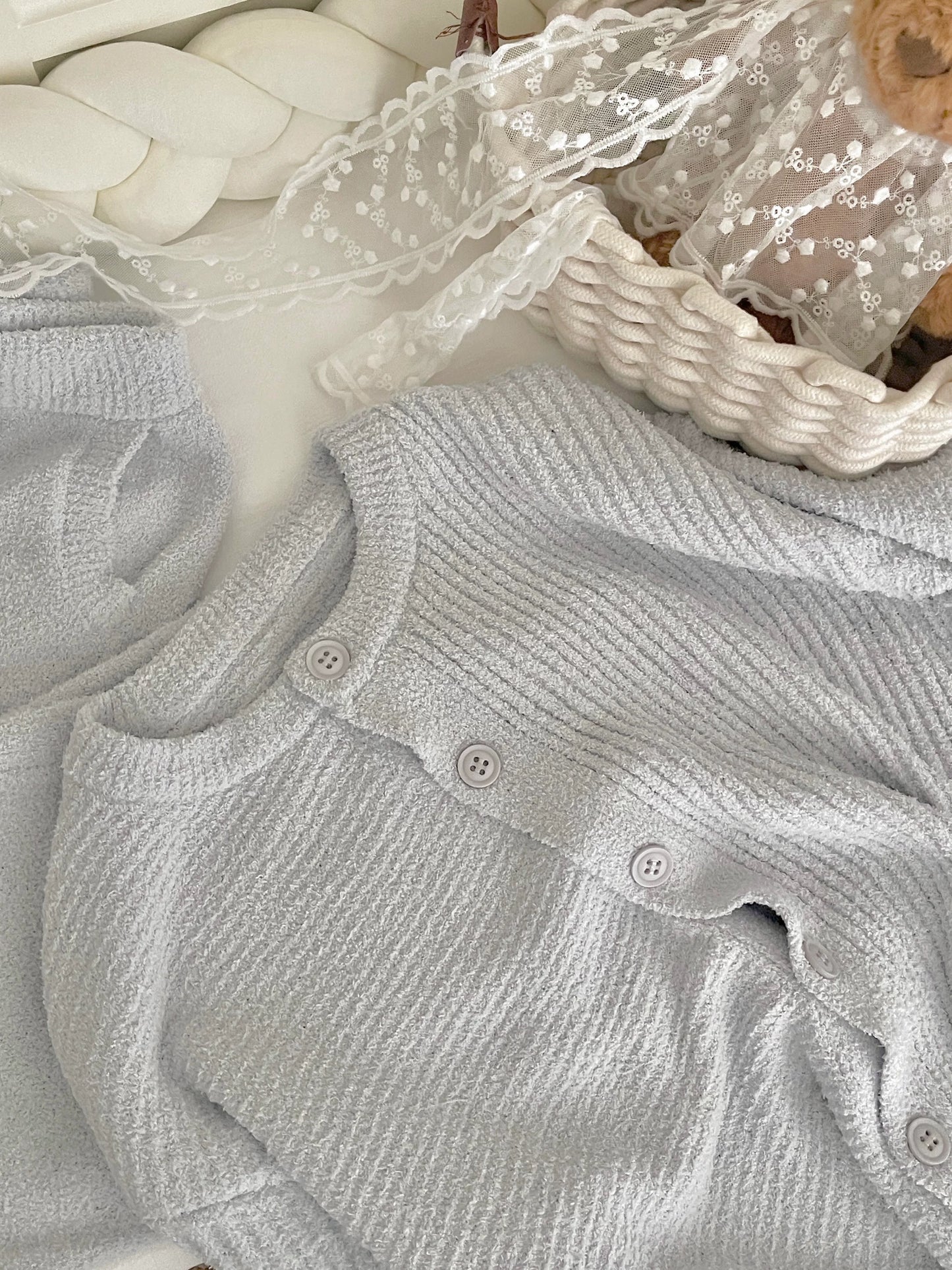 Soft Ribbed Flannel Knit Pajama Set – Button Cardigan Top & Wide-Leg Pants in Light Grey