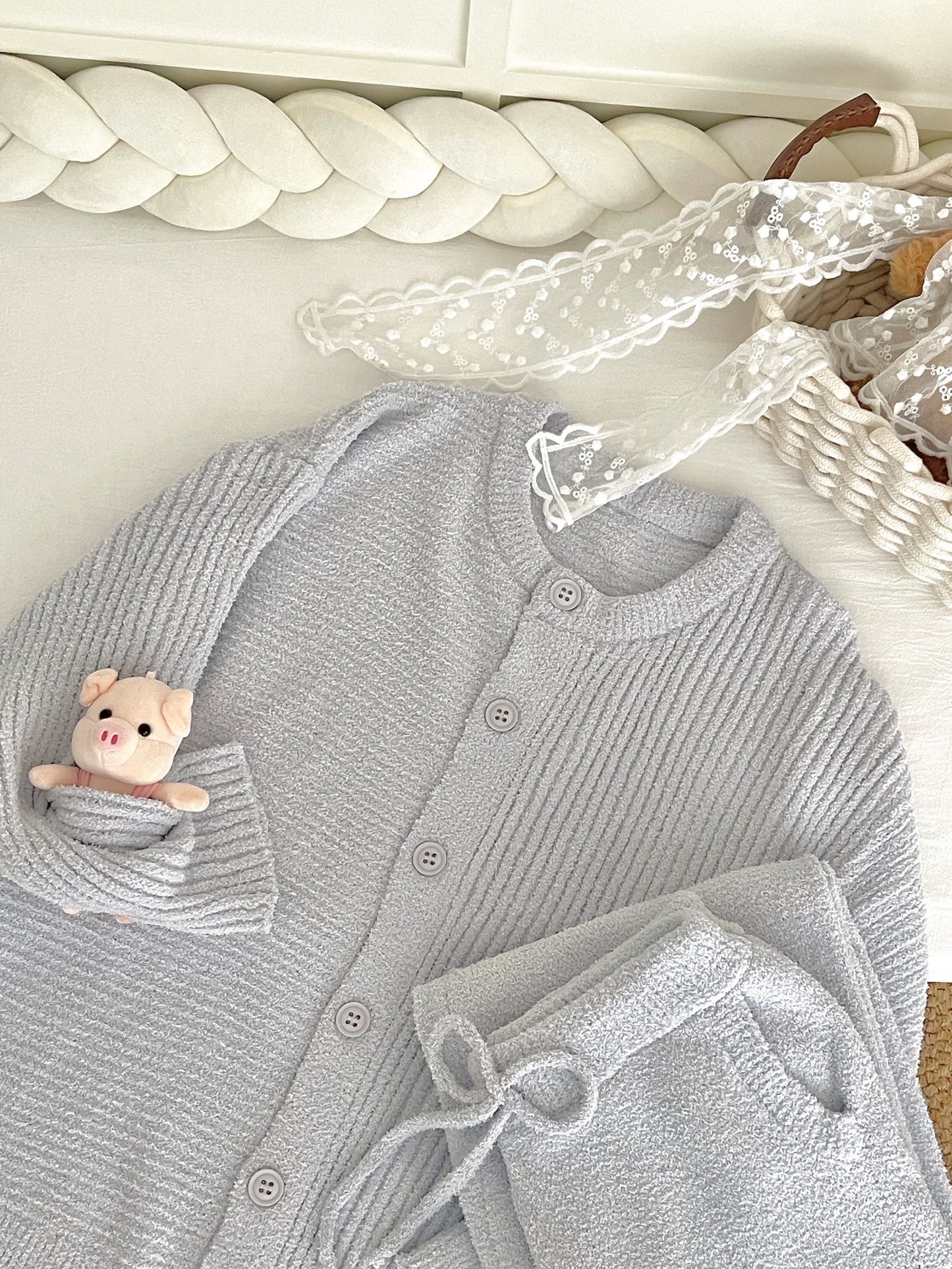 Soft Ribbed Flannel Knit Pajama Set – Button Cardigan Top & Wide-Leg Pants in Light Grey