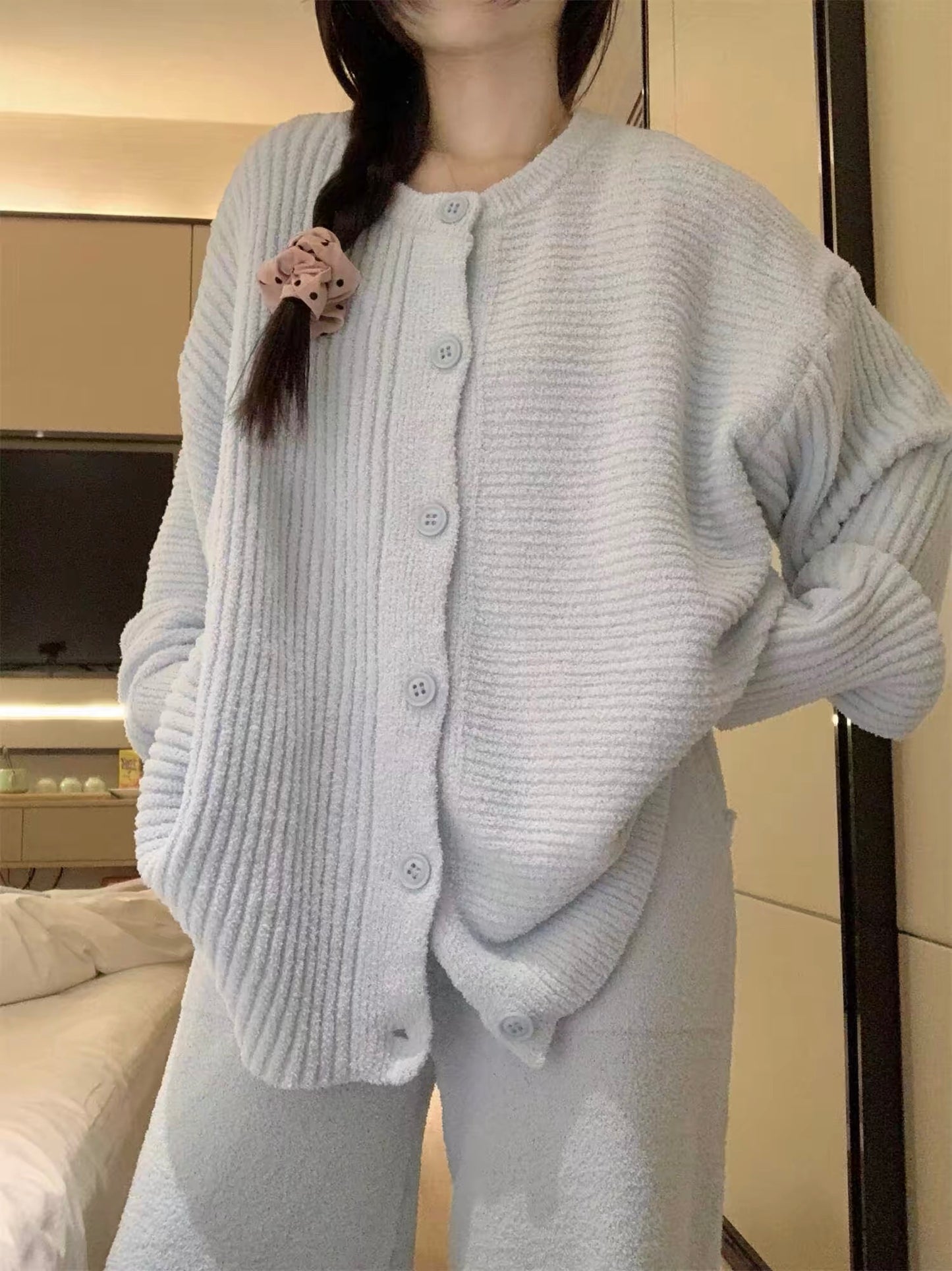 Soft Ribbed Flannel Knit Pajama Set – Button Cardigan Top & Wide-Leg Pants in Light Grey