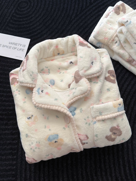 Cute Bear & Floral Coral Fleece Pajama Set – Long Sleeve Button-Down Top & Pants in Cream
