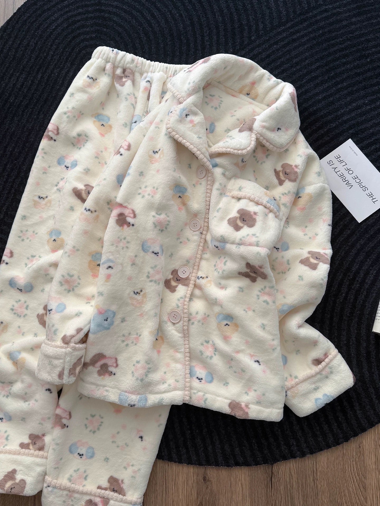 Cute Bear & Floral Coral Fleece Pajama Set – Long Sleeve Button-Down Top & Pants in Cream