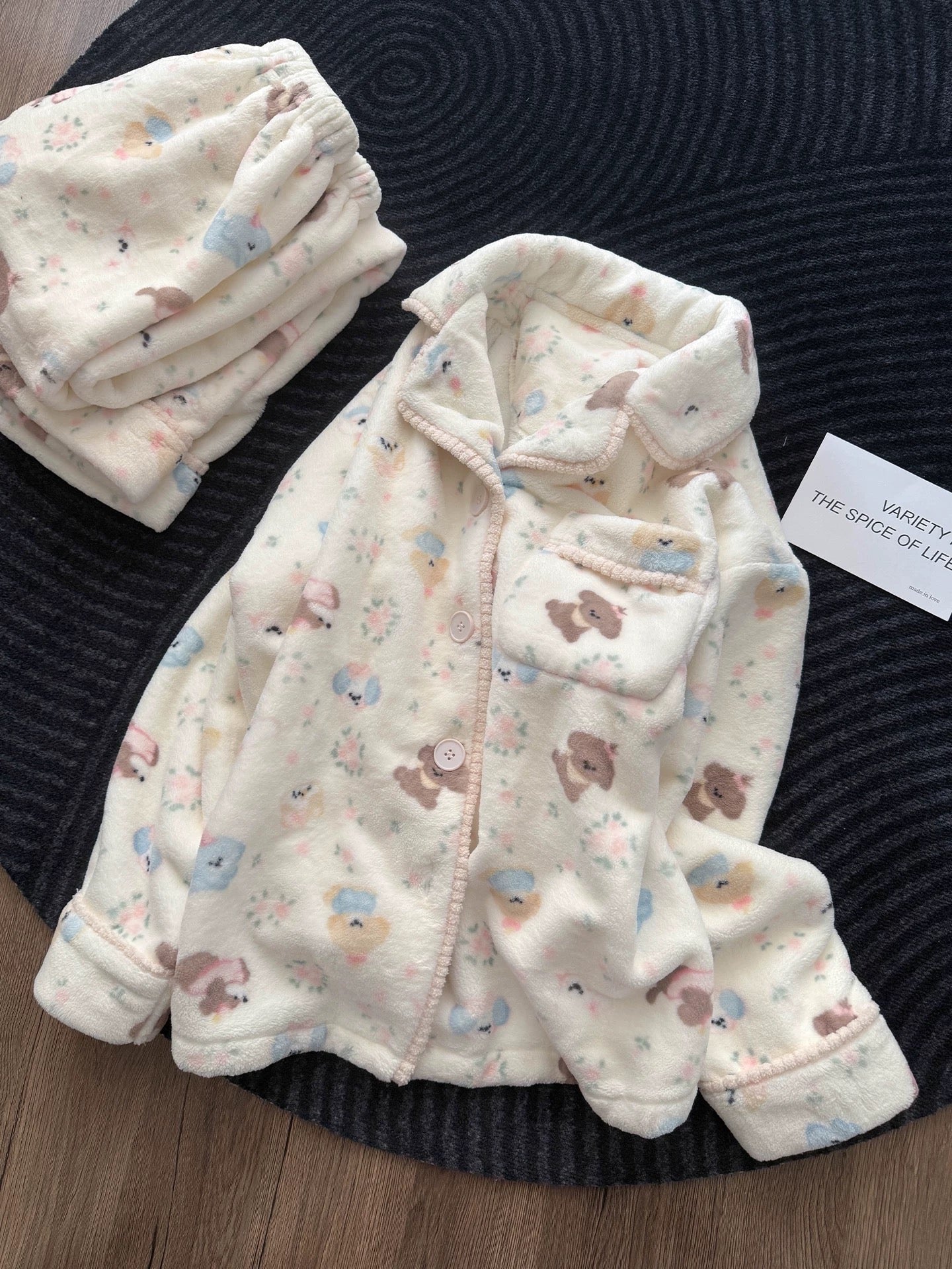 Cute Bear & Floral Coral Fleece Pajama Set – Long Sleeve Button-Down Top & Pants in Cream