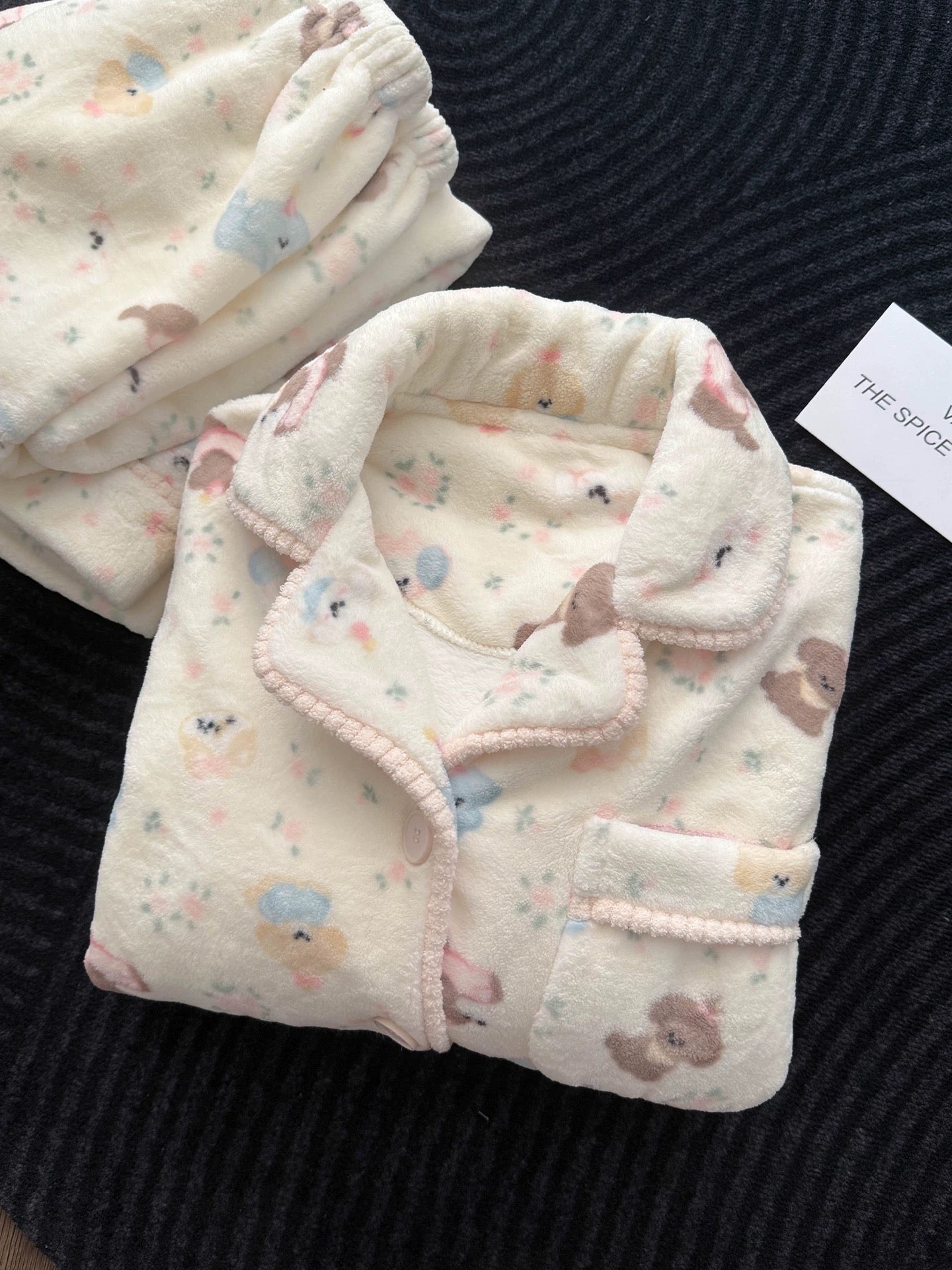 Cute Bear & Floral Coral Fleece Pajama Set – Long Sleeve Button-Down Top & Pants in Cream