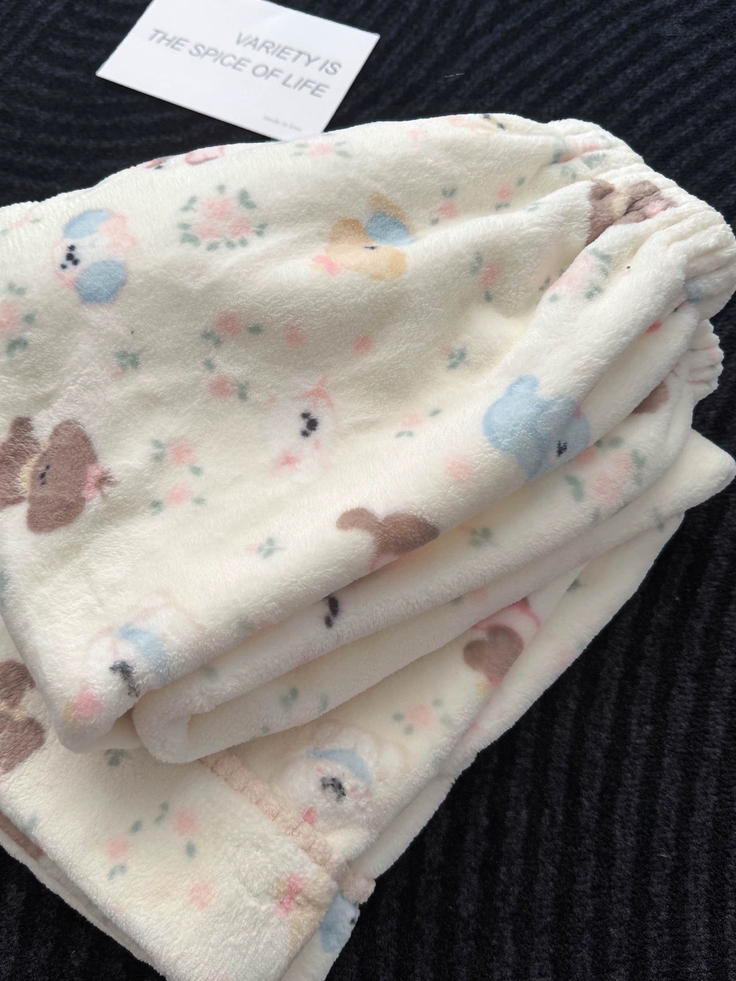 Cute Bear & Floral Coral Fleece Pajama Set – Long Sleeve Button-Down Top & Pants in Cream