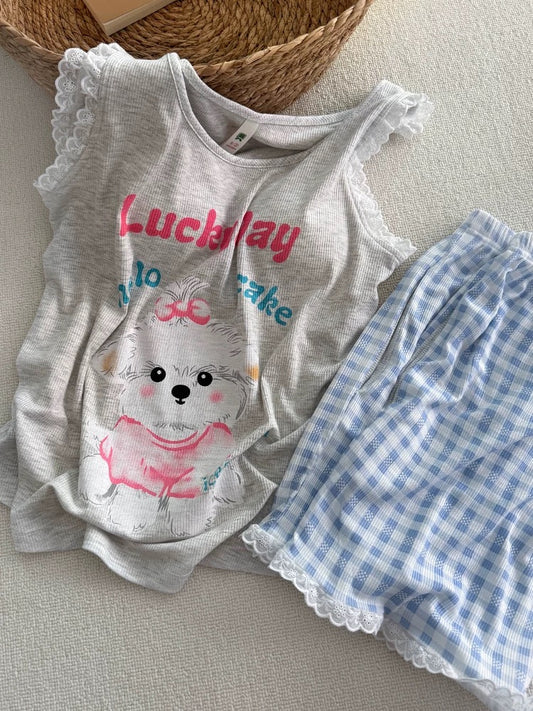 “Lucky Day” Puppy Print Modal Pajama Set – Lace Trim Tank Top & Gingham Shorts with Removable Chest Pad
