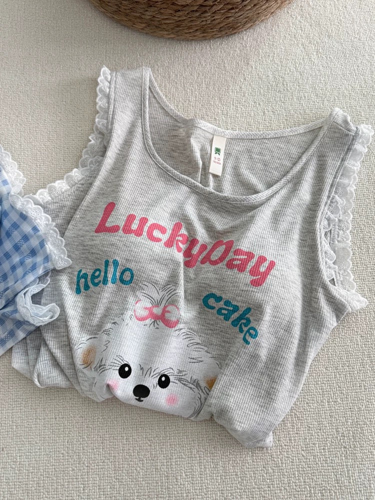 “Lucky Day” Puppy Print Modal Pajama Set – Lace Trim Tank Top & Gingham Shorts with Removable Chest Pad
