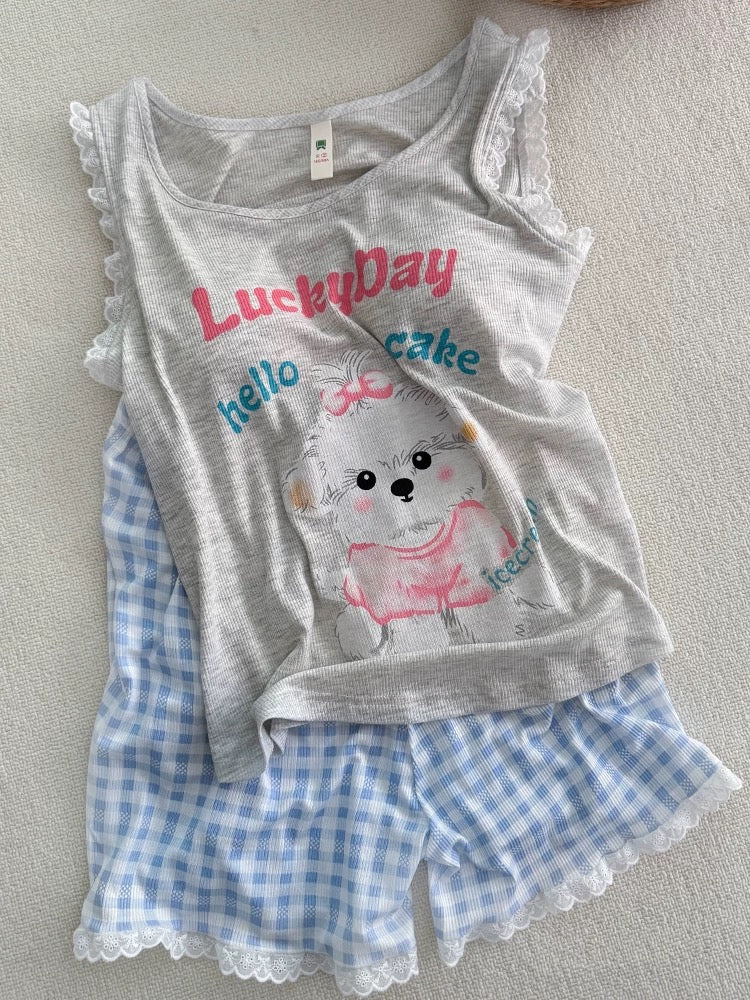 “Lucky Day” Puppy Print Modal Pajama Set – Lace Trim Tank Top & Gingham Shorts with Removable Chest Pad