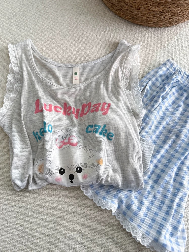 “Lucky Day” Puppy Print Modal Pajama Set – Lace Trim Tank Top & Gingham Shorts with Removable Chest Pad