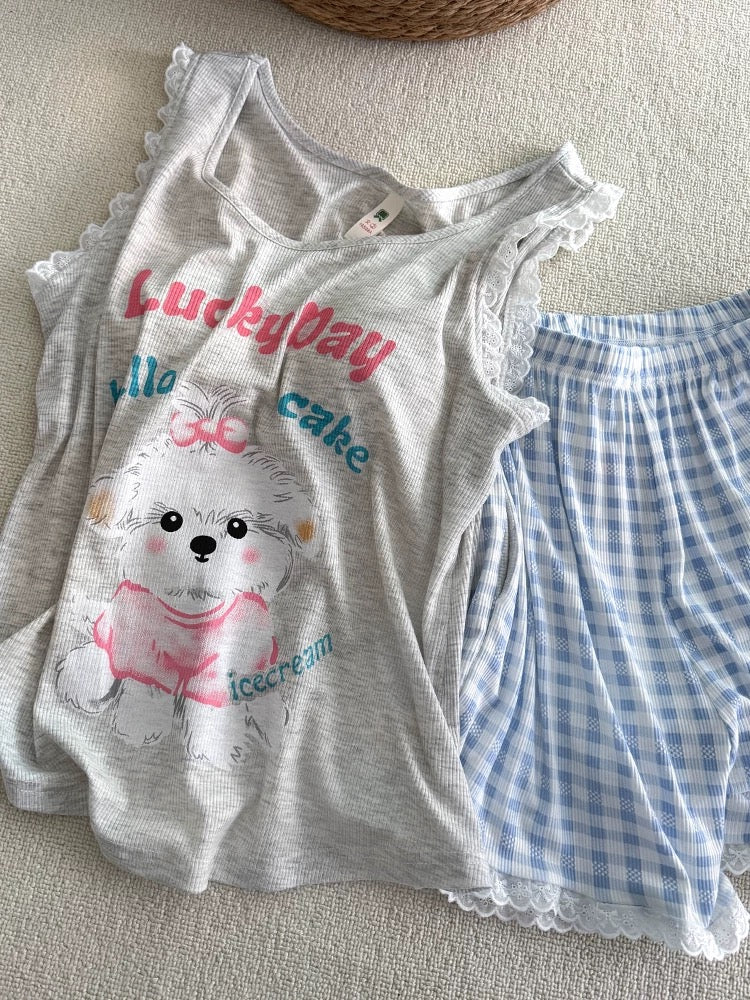 “Lucky Day” Puppy Print Modal Pajama Set – Lace Trim Tank Top & Gingham Shorts with Removable Chest Pad