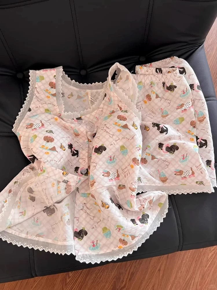 Cute Puppy Print Pajama Set – Lace Trim Cami Top & Shorts in Pink