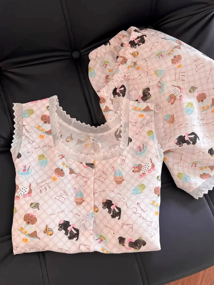 Cute Puppy Print Pajama Set – Lace Trim Cami Top & Shorts in Pink