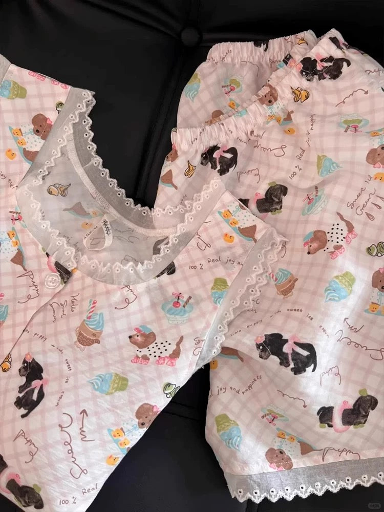 Cute Puppy Print Pajama Set – Lace Trim Cami Top & Shorts in Pink