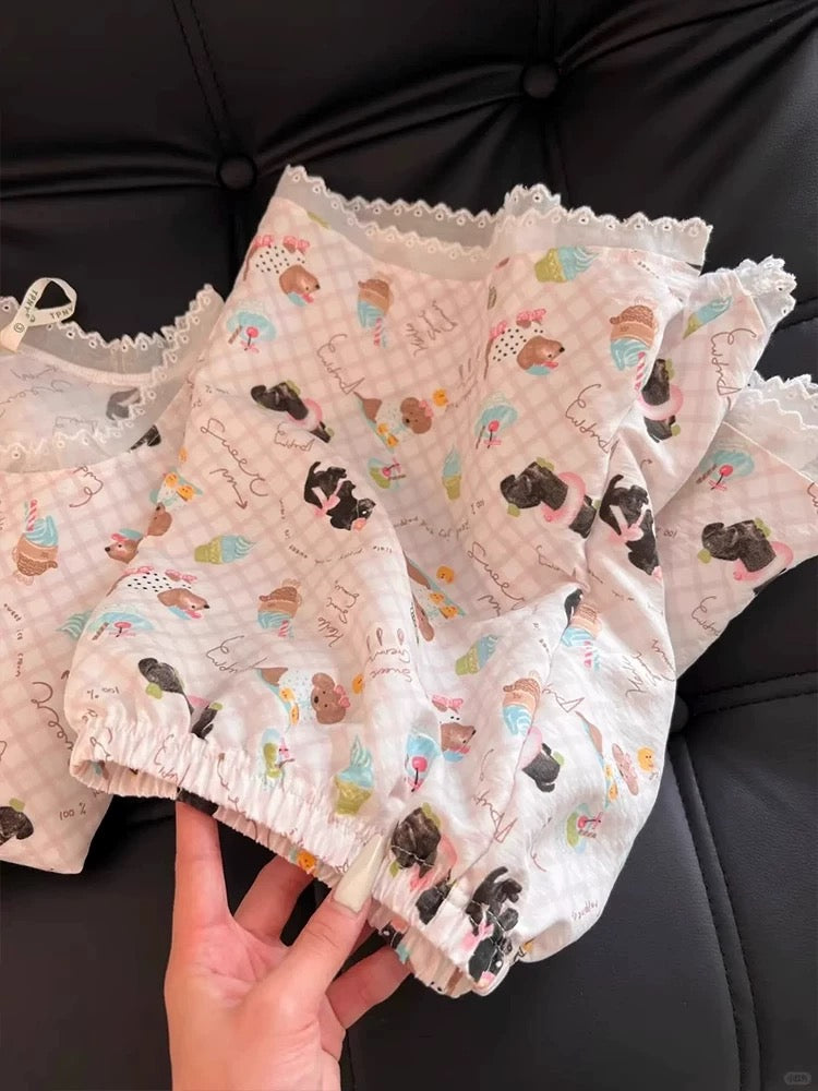 Cute Puppy Print Pajama Set – Lace Trim Cami Top & Shorts in Pink