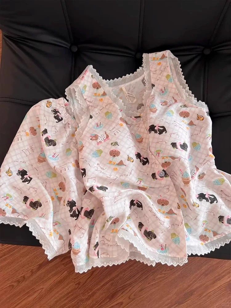 Cute Puppy Print Pajama Set – Lace Trim Cami Top & Shorts in Pink