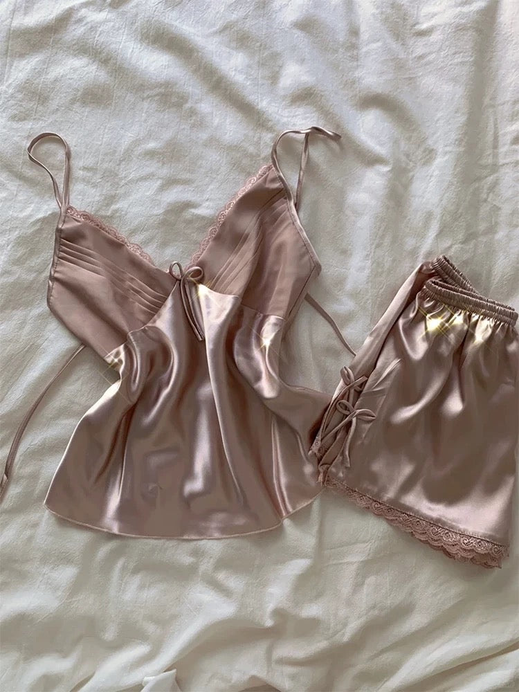 Silky Satin Lace Trim Cami & Shorts Pajama Set – Bow Detail Sleepwear in Dusty Pink