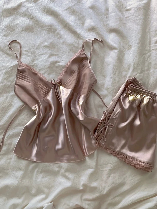 Silky Satin Lace Trim Cami & Shorts Pajama Set – Bow Detail Sleepwear in Dusty Pink