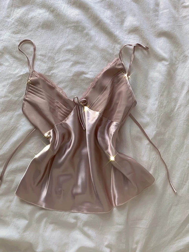 Silky Satin Lace Trim Cami & Shorts Pajama Set – Bow Detail Sleepwear in Dusty Pink