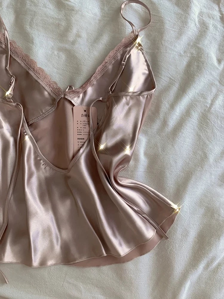 Silky Satin Lace Trim Cami & Shorts Pajama Set – Bow Detail Sleepwear in Dusty Pink
