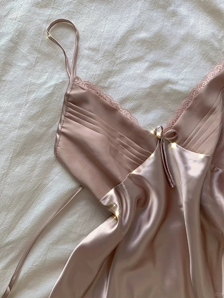 Silky Satin Lace Trim Cami & Shorts Pajama Set – Bow Detail Sleepwear in Dusty Pink