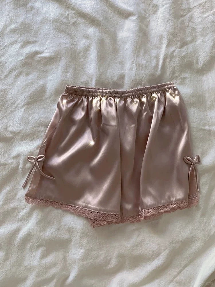 Silky Satin Lace Trim Cami & Shorts Pajama Set – Bow Detail Sleepwear in Dusty Pink