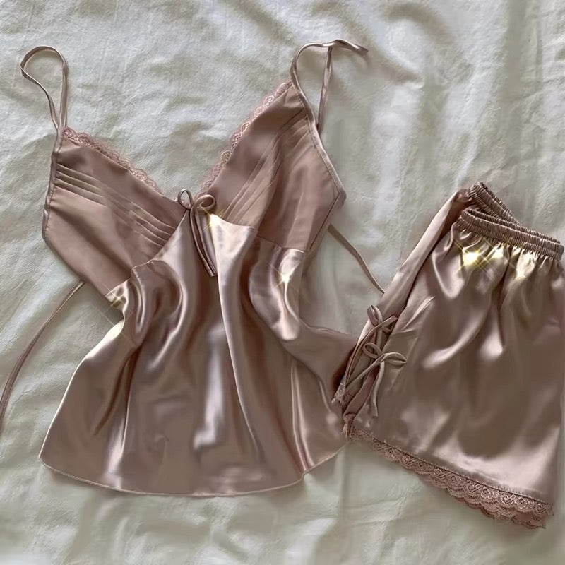 Silky Satin Lace Trim Cami & Shorts Pajama Set – Bow Detail Sleepwear in Dusty Pink